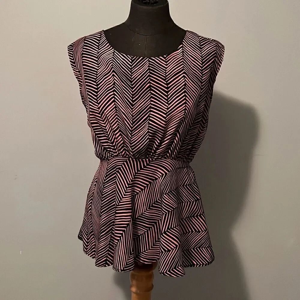 Anthropologie Paper Crane Women's Pink and Navy Chevron Peplum Blouse Medium
